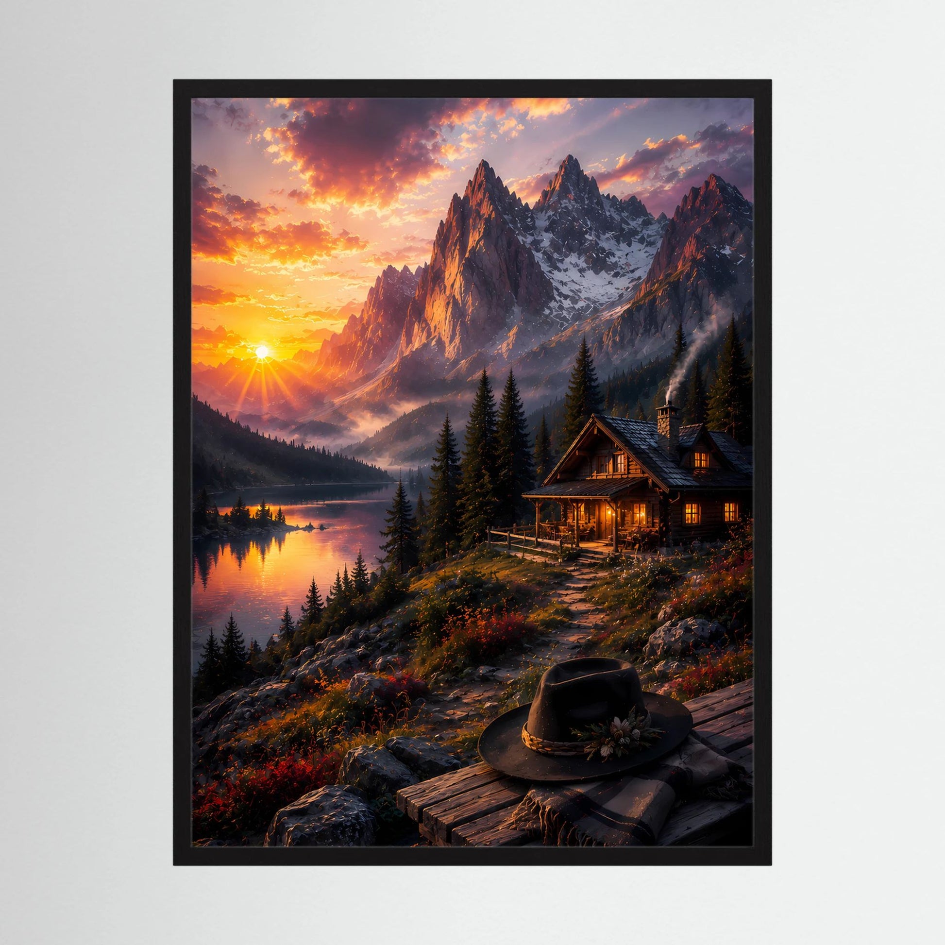 Hochformat-Poster mit schwarzem Rahmen: Alpenhütte am See bei Sonnenuntergang