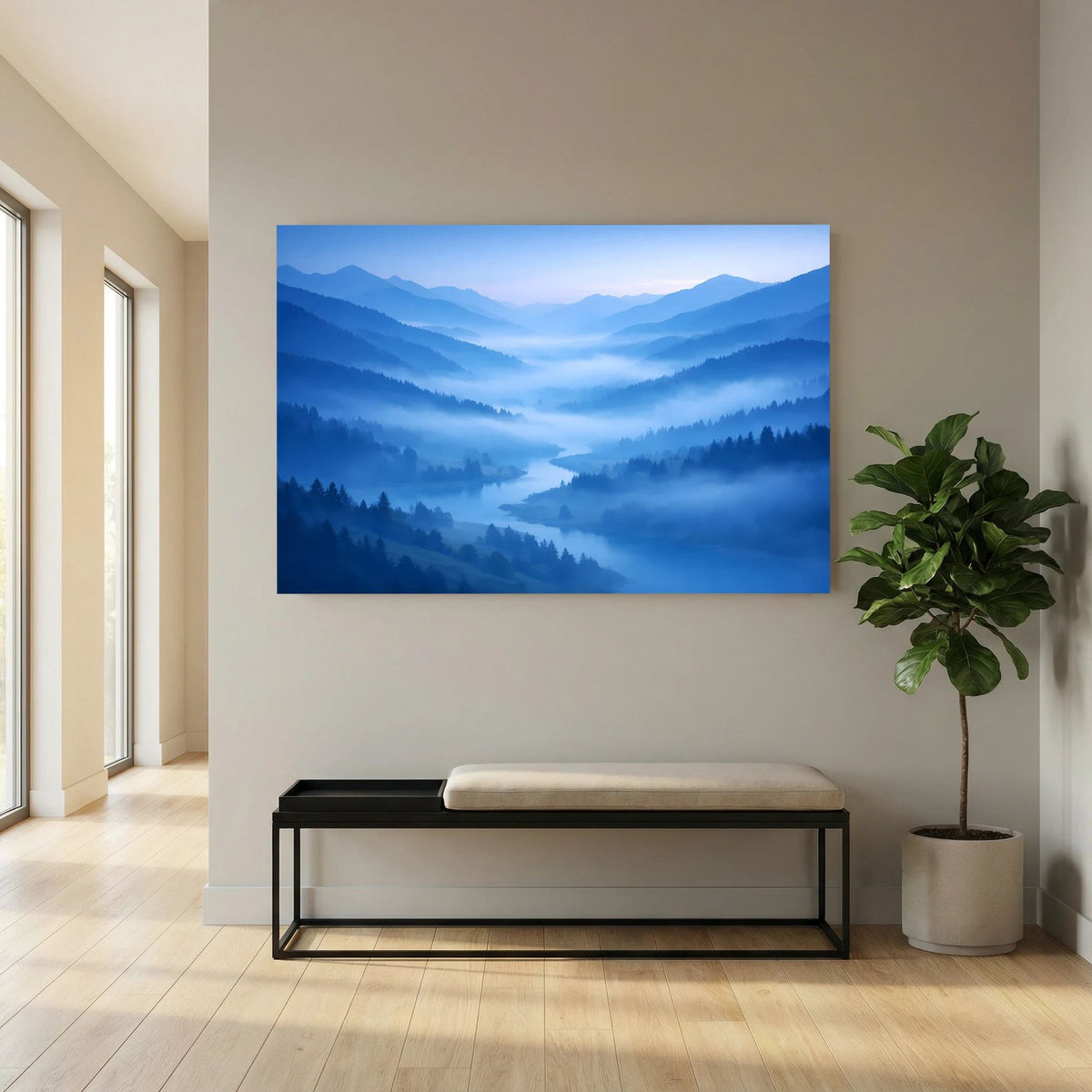 Poster im Querformat mit nebligem Flusstal und Bergketten im Blau