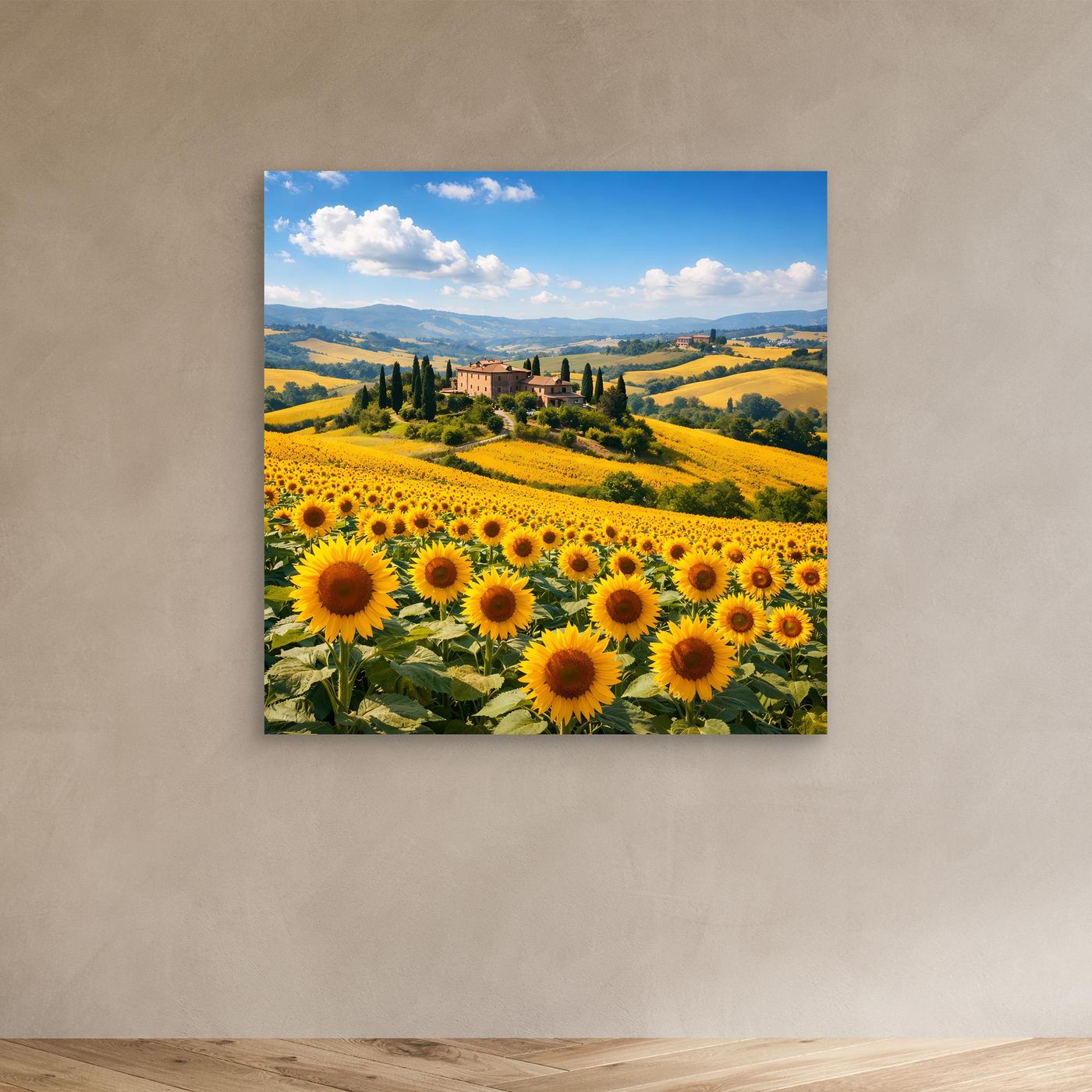 Leinwandbild Sonnenblumenfeld in Toskana-Landschaft, quadratisch wirkend, ohne Rahmen