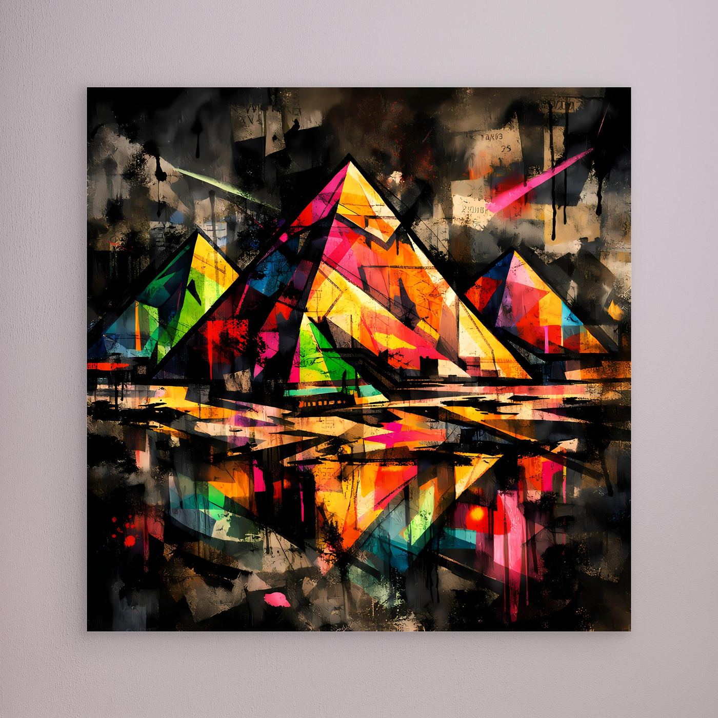 Leinwandbild mit farbigen Graffiti-Pyramiden im Street-Art-Stil, dunkler Rahmen