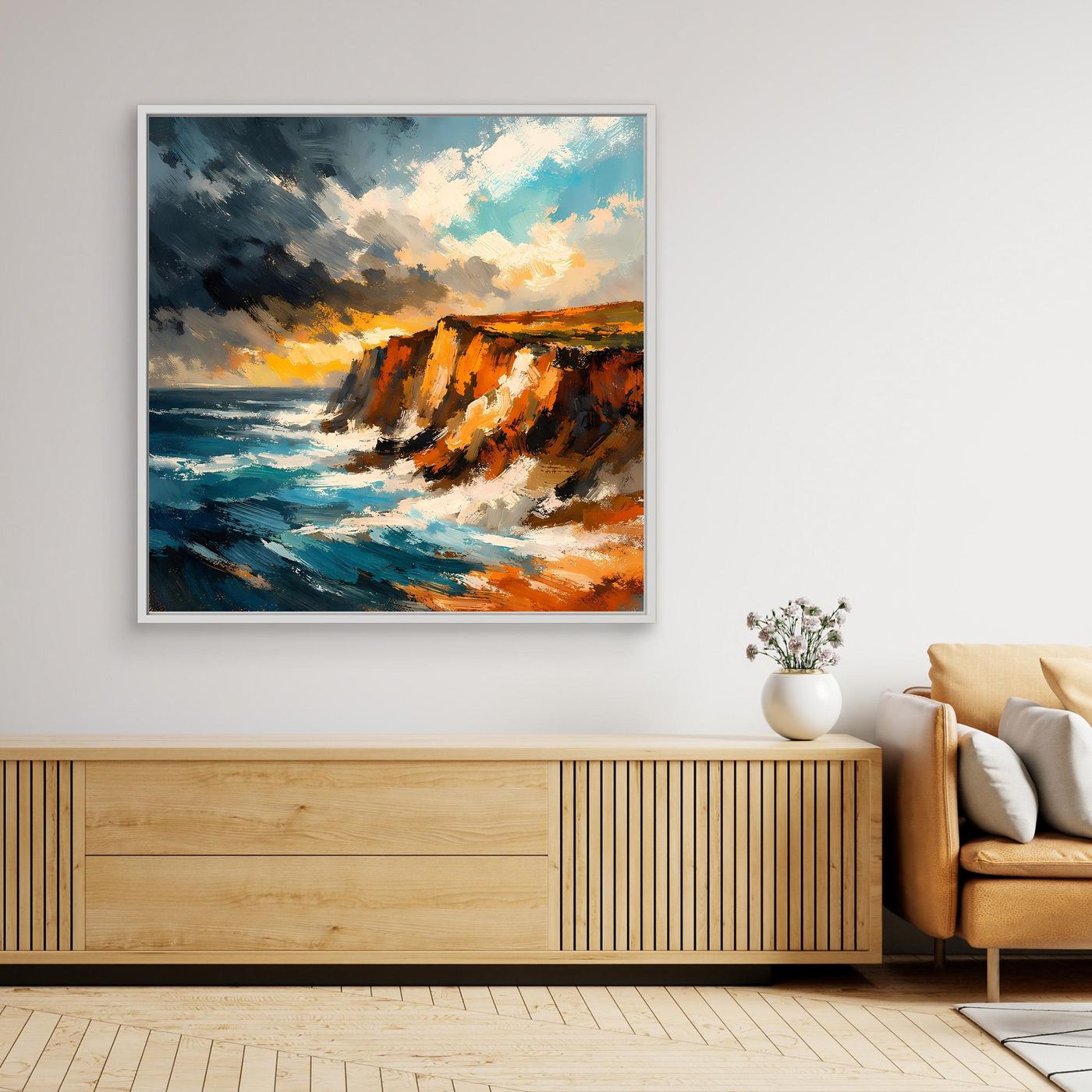 Premium Leinwand Dramatische Steilküste am Ozean | Abstraktes Klippen Wandbild stürmisch