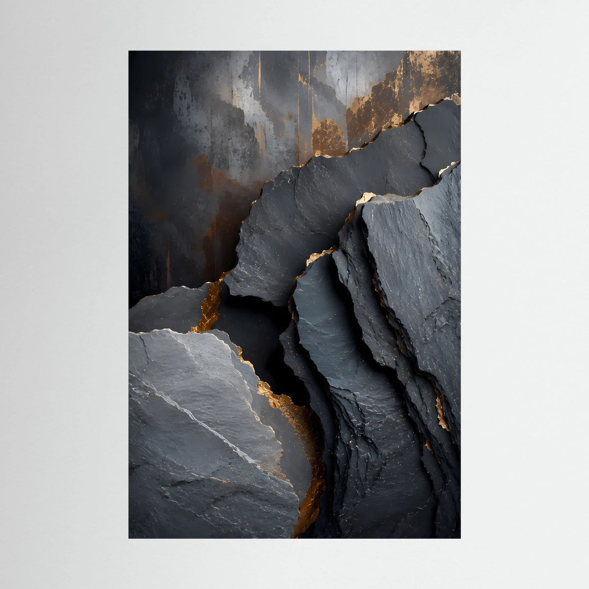 Schwarzes Postermotiv mit goldenen Felsadern und grauen Steinflächen, Hochformat