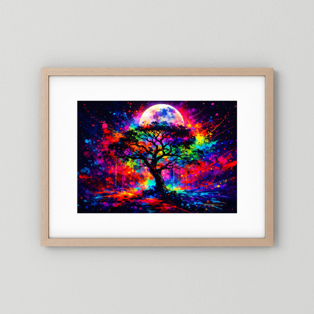 Gerahmtes Wandbild: Neonfarbener Lebensbaum mit Vollmond, bunte Sprenkel im Querformat