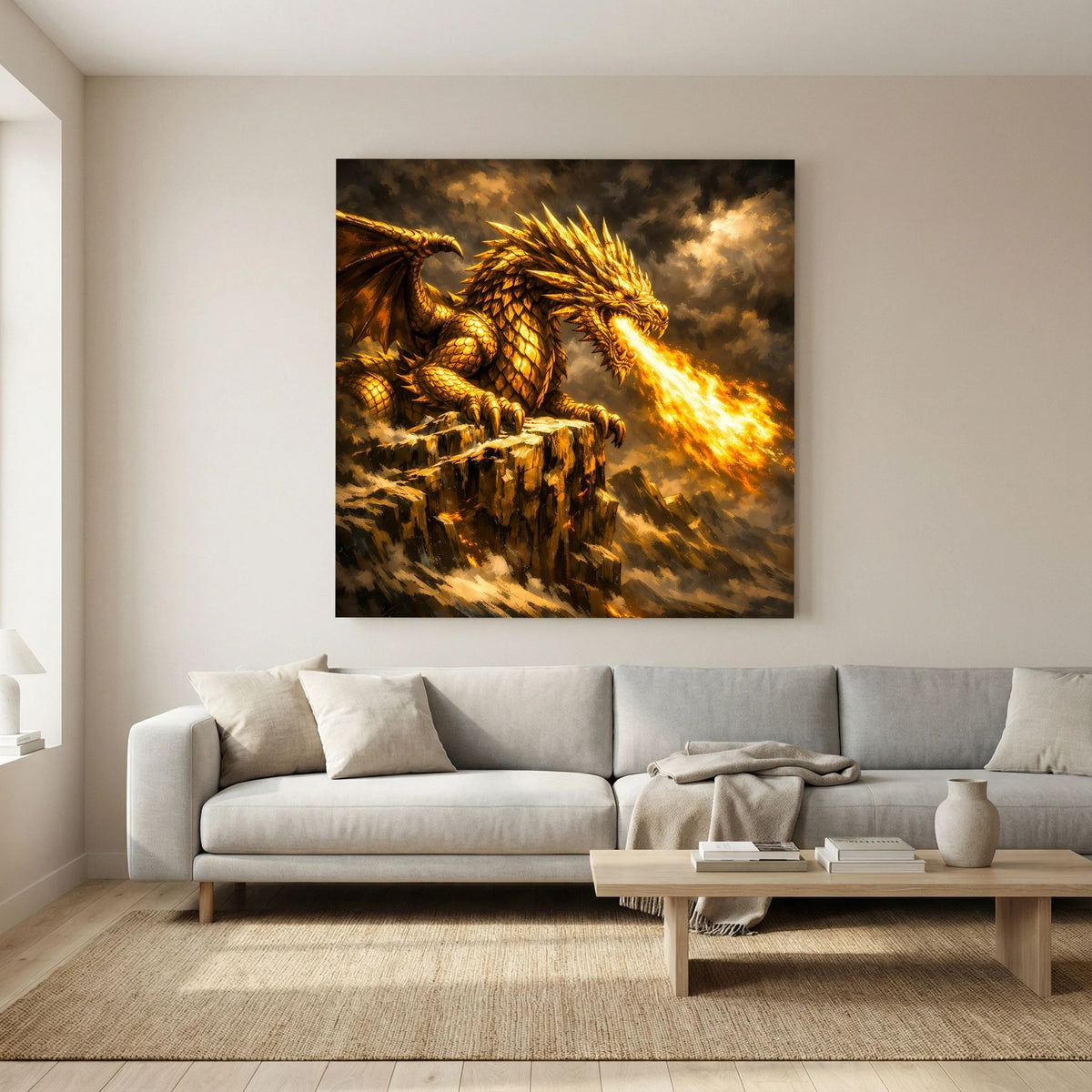 Leinwand-Fantasy-Wandbild: goldener Drache auf Felsplateau, Flügel und Feueratem