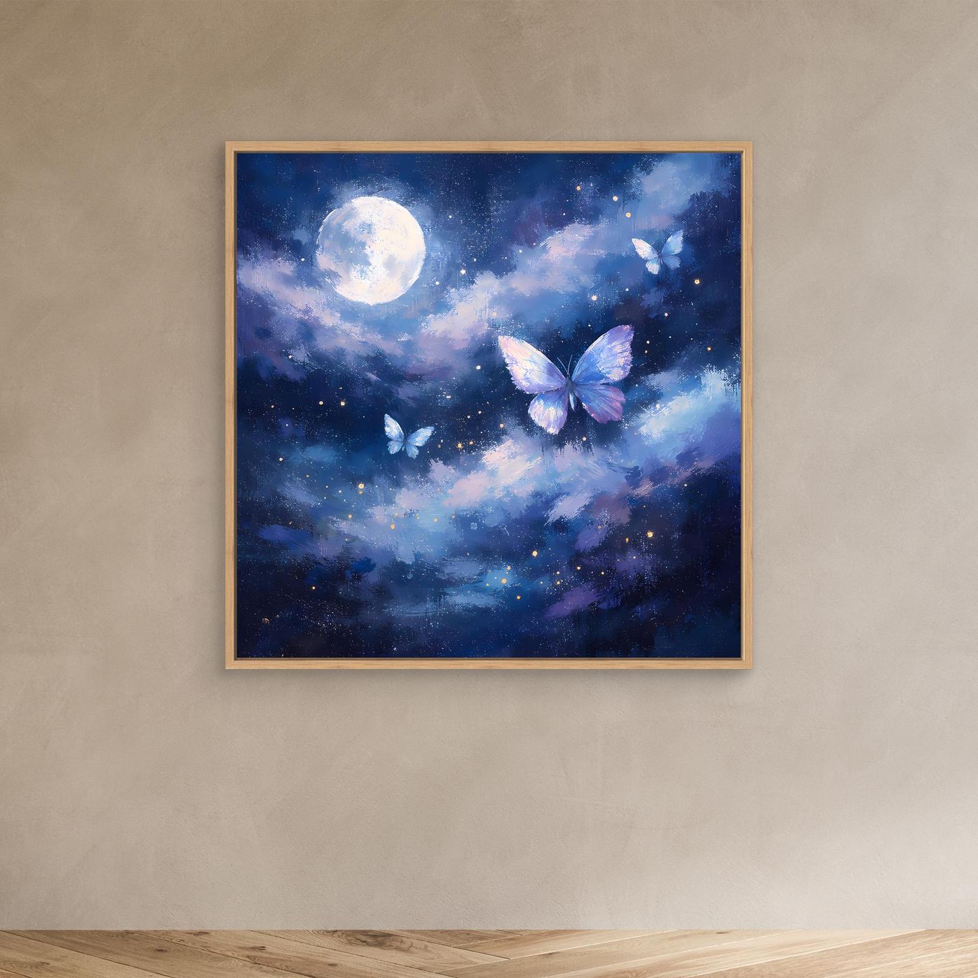 Leinwand-Wandbild mit Mond und Schmetterlingen im Sternenhimmel, Eichenrahmen