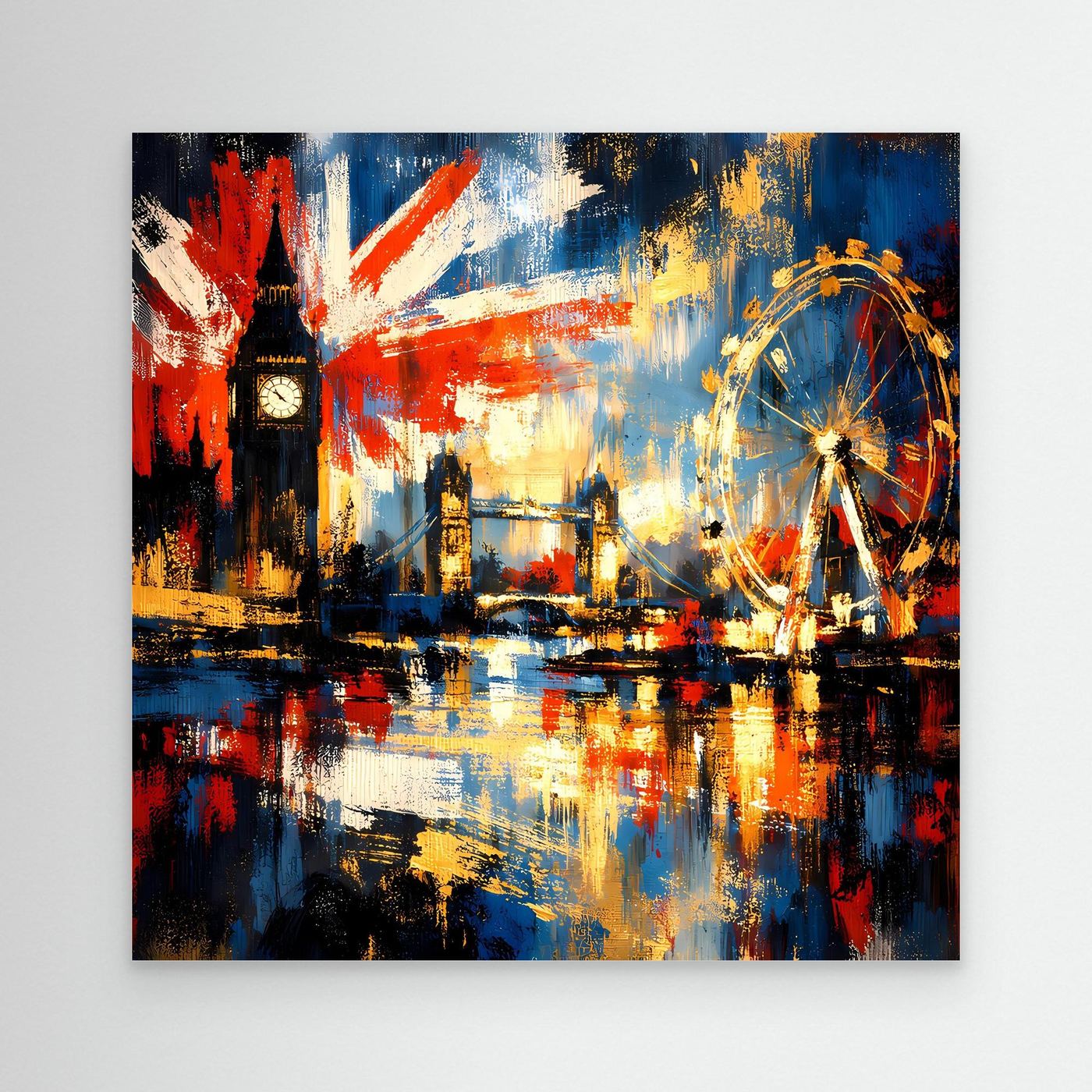 Abstraktes Leinwandbild mit farbiger Skyline, Union-Jack-Optik und Riesenrad am Fluss