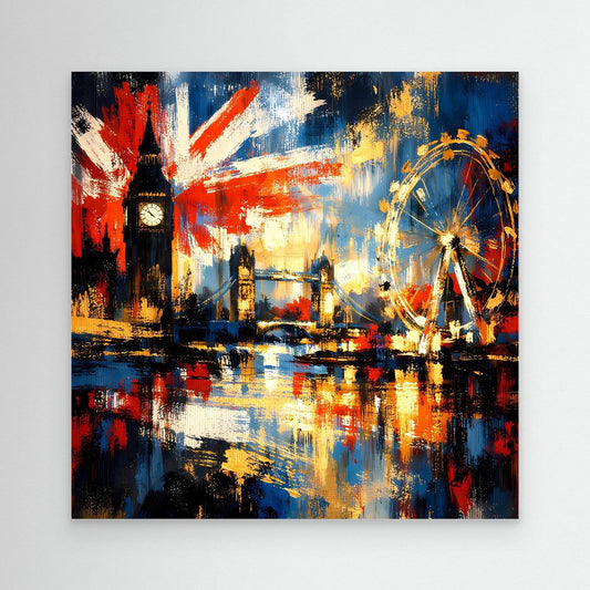 Abstraktes Leinwandbild mit farbiger Skyline, Union-Jack-Optik und Riesenrad am Fluss