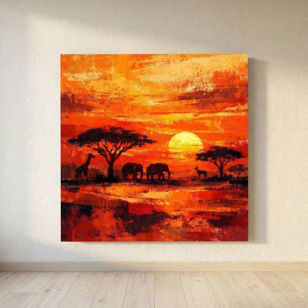 Leinwand-Wandbild: kräftiges Orange-Rot, Bäume und Tiere als Silhouetten vor Wasserfläche