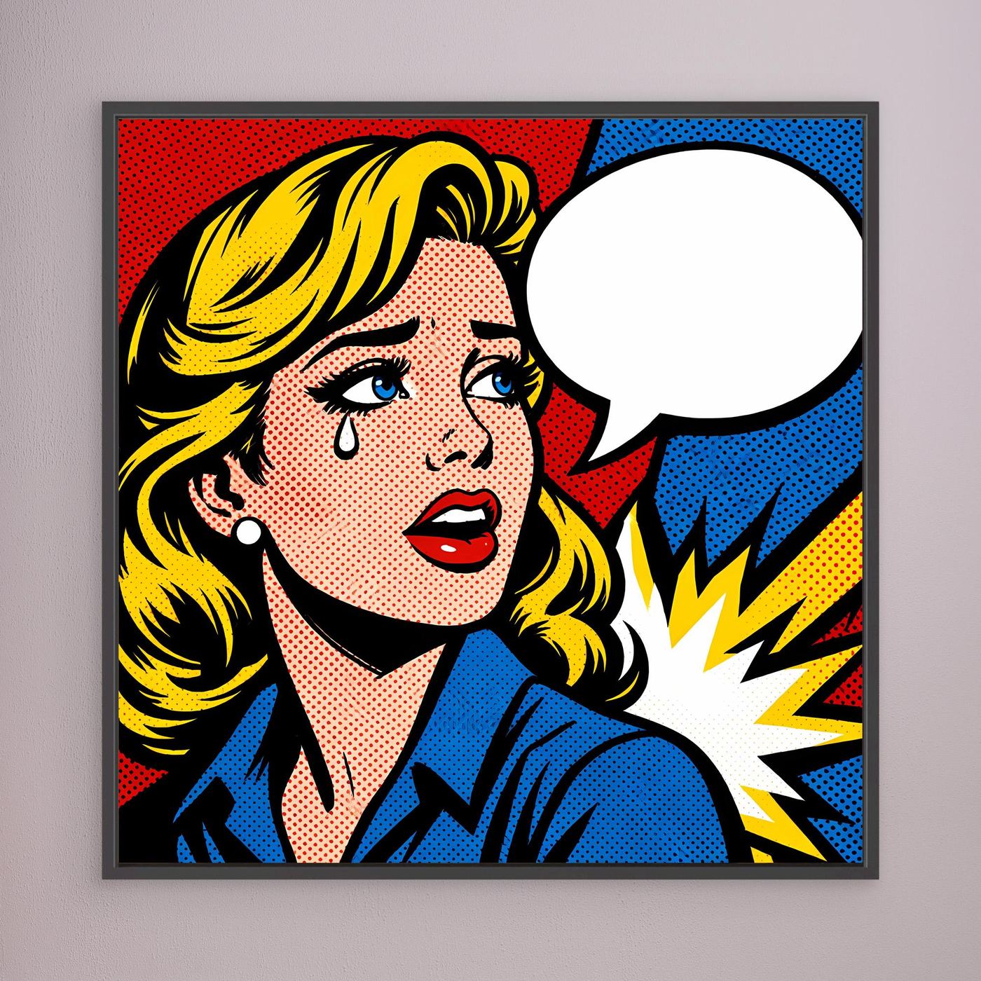 Leinwandbild: Pop-Art-Frau mit Sprechblase, blonde Haare, blaues Hemd, dunkler Rahmen