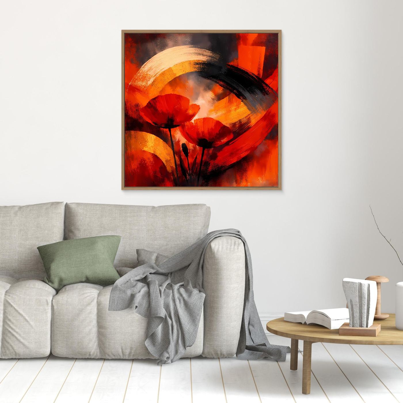 Leinwandbild mit abstrakten Mohnblüten in Rot, Schwarz und Gold, braun gerahmt