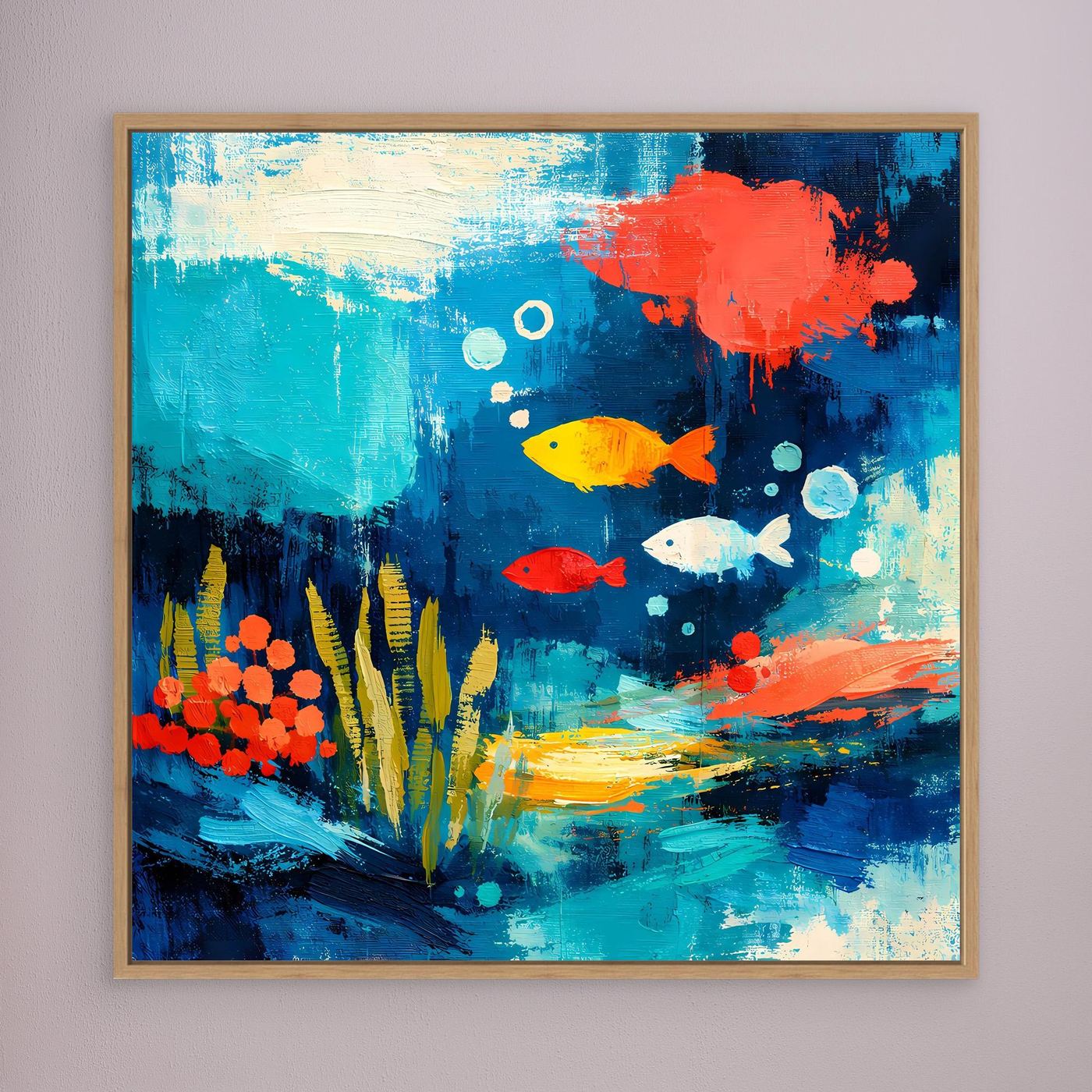 Framed abstract underwater wall art with fish and coral, light wood frame