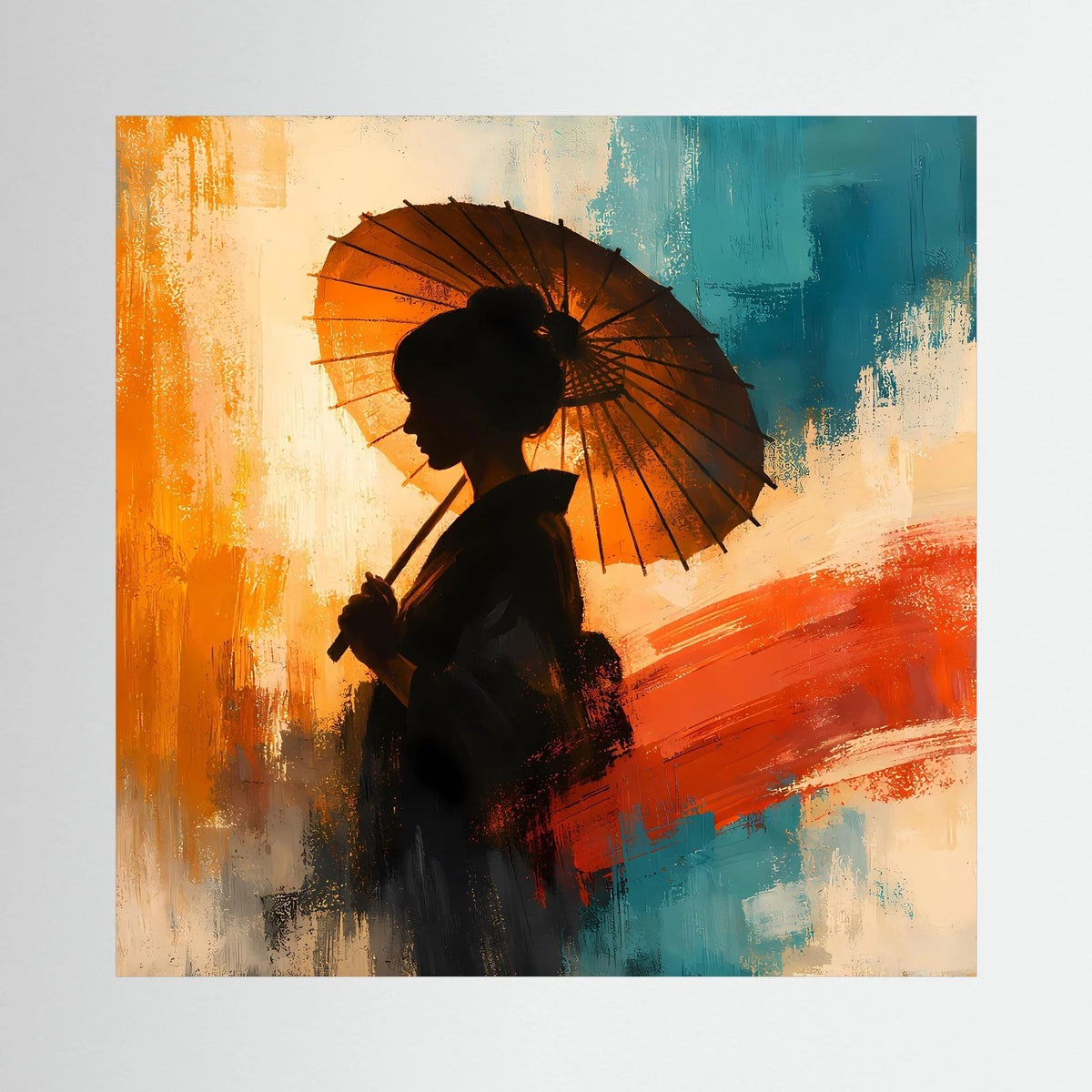 Keilrahmen-Leinwand mit Silhouette einer Frau mit schwarzem Sonnenschirm, abstrakte Farbfelder
