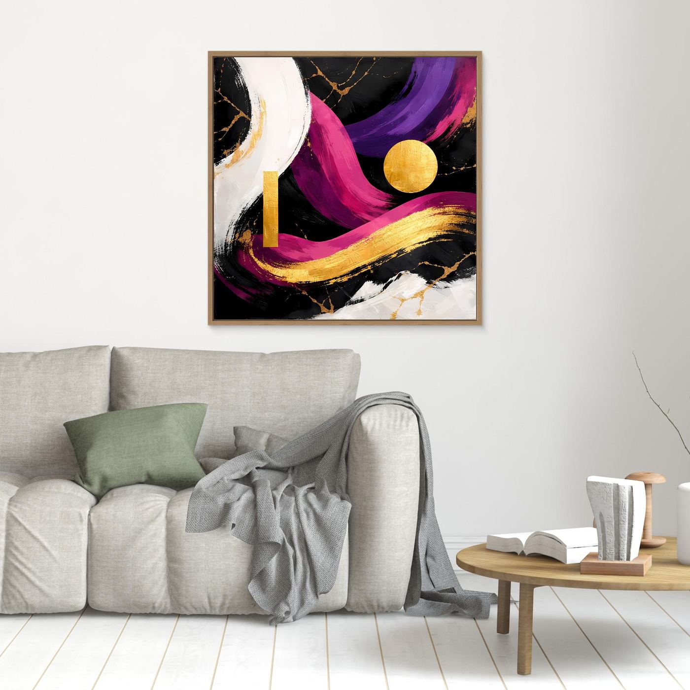 Abstraktes Leinwandbild mit goldener Kreisform, lila-pinkem Pinselstrich und Holzrahmen.