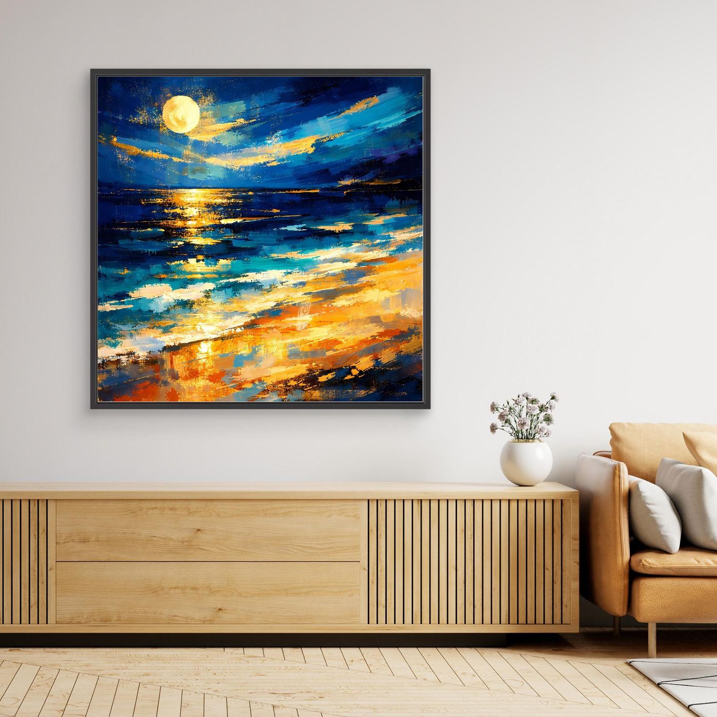 Gerahmtes Leinwandbild mit leuchtendem Vollmond, abstraktem Meer in Blau-Gold, schwarzer Rahmen