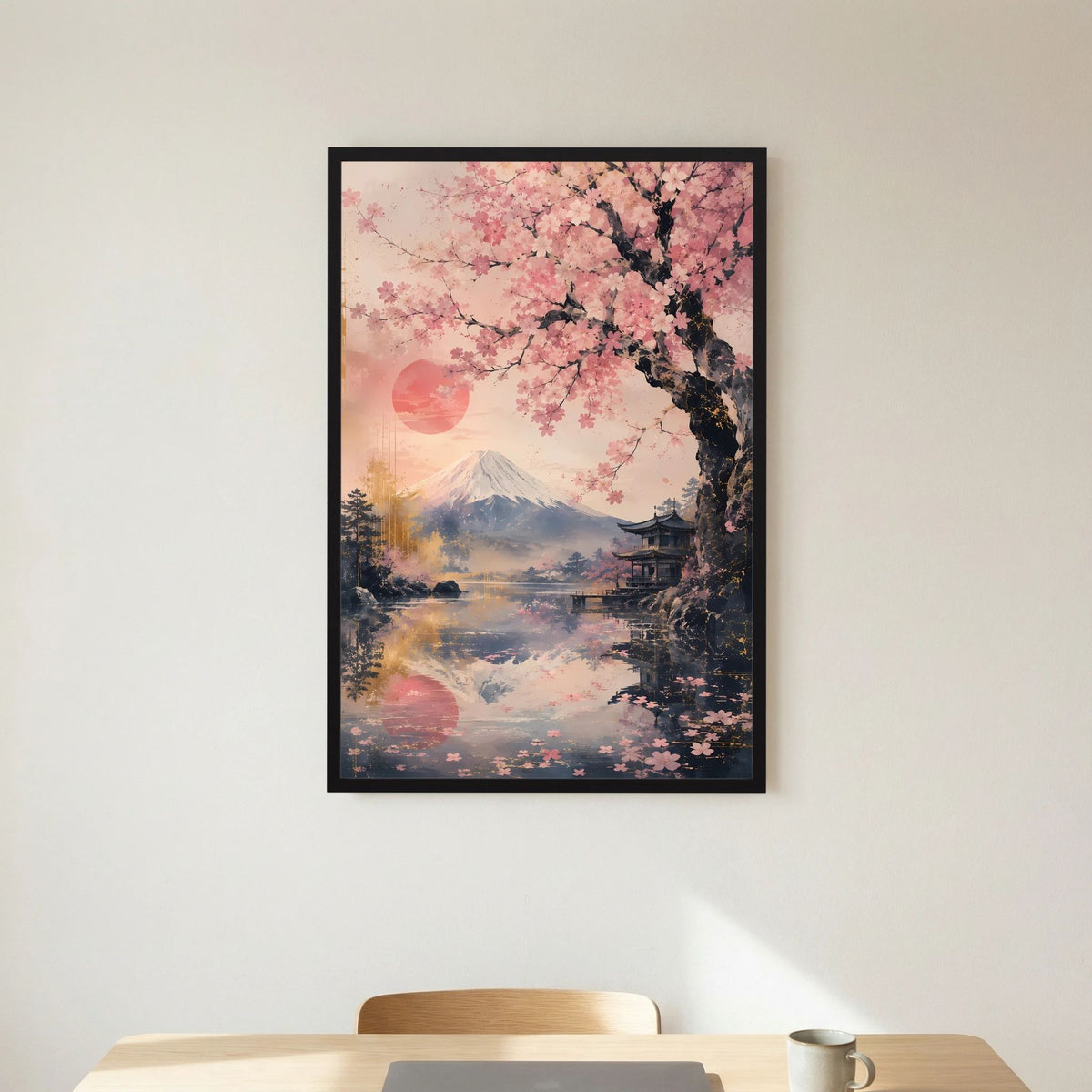 Hochformat-Poster im schwarzen Rahmen: Kirschblütenzweig, Fuji und Pagode am Ufer