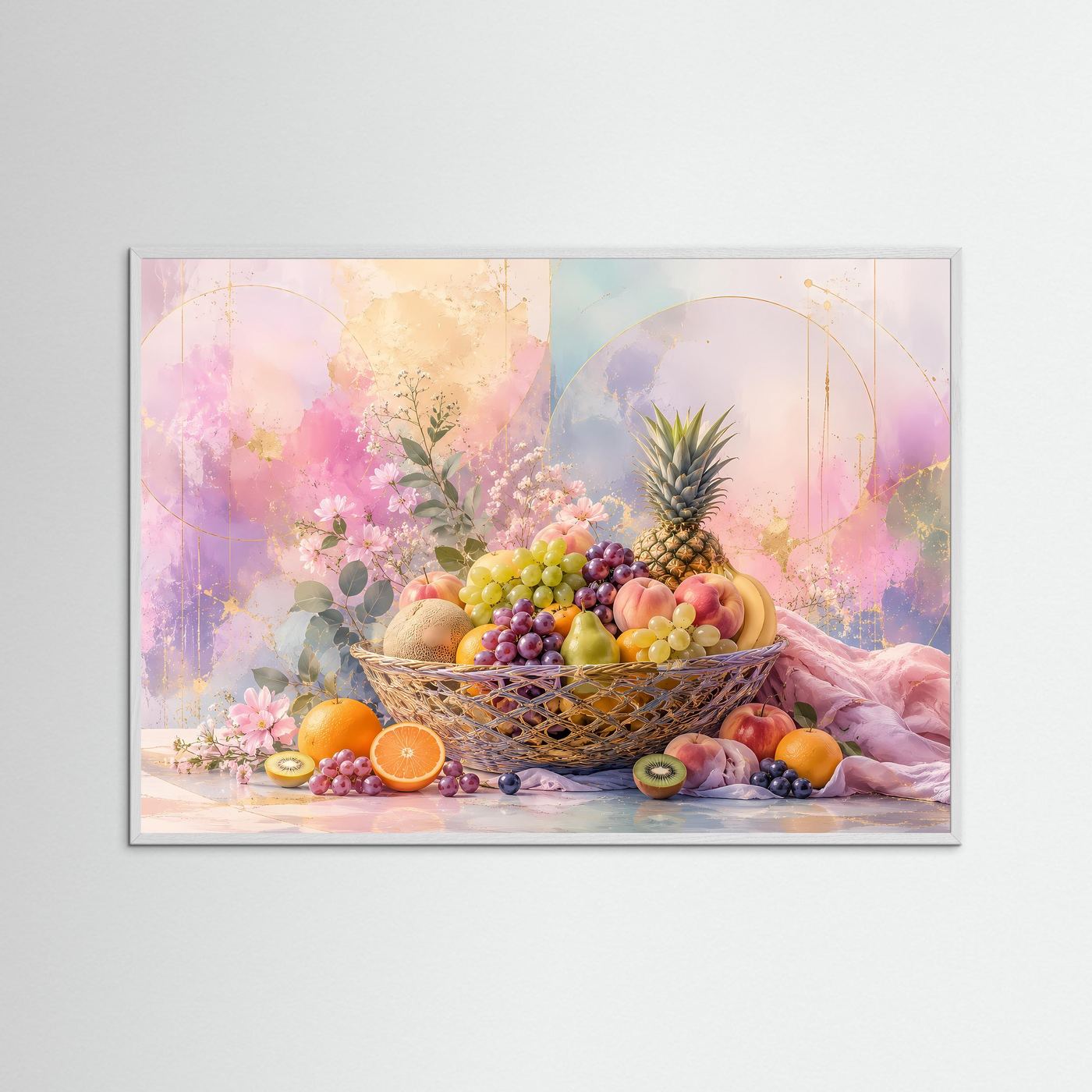 Abstrakter Obstkorb in Pastell | Elegantes Stillleben mit Früchten & Blüten
