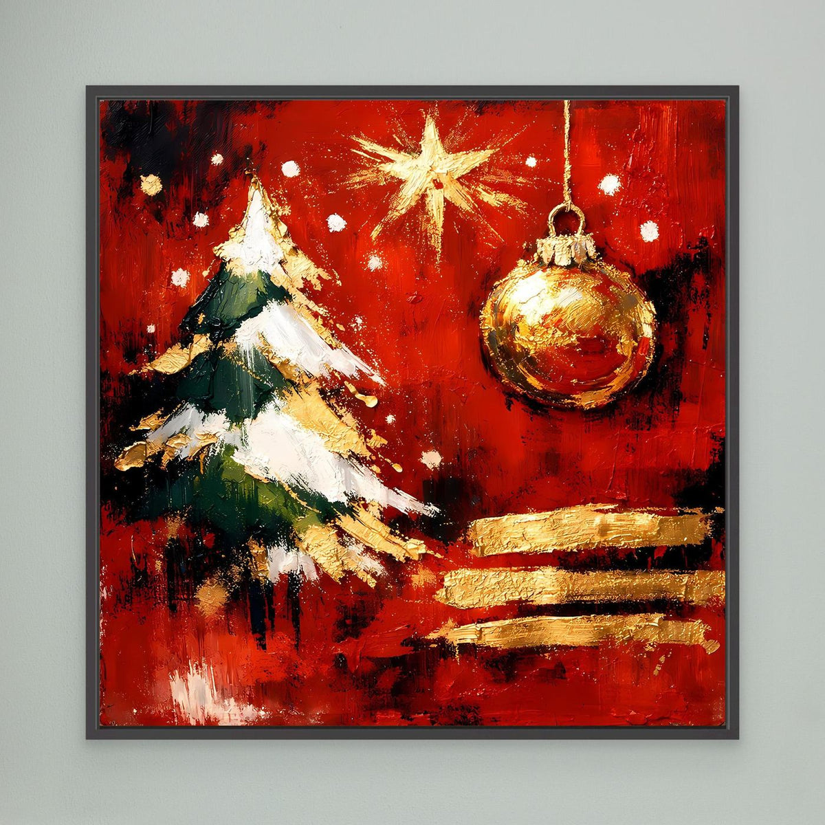 Gerahmtes Leinwand-Wandbild: abstrakter Weihnachtsbaum in Rot und Gold, schwarzer Rahmen.