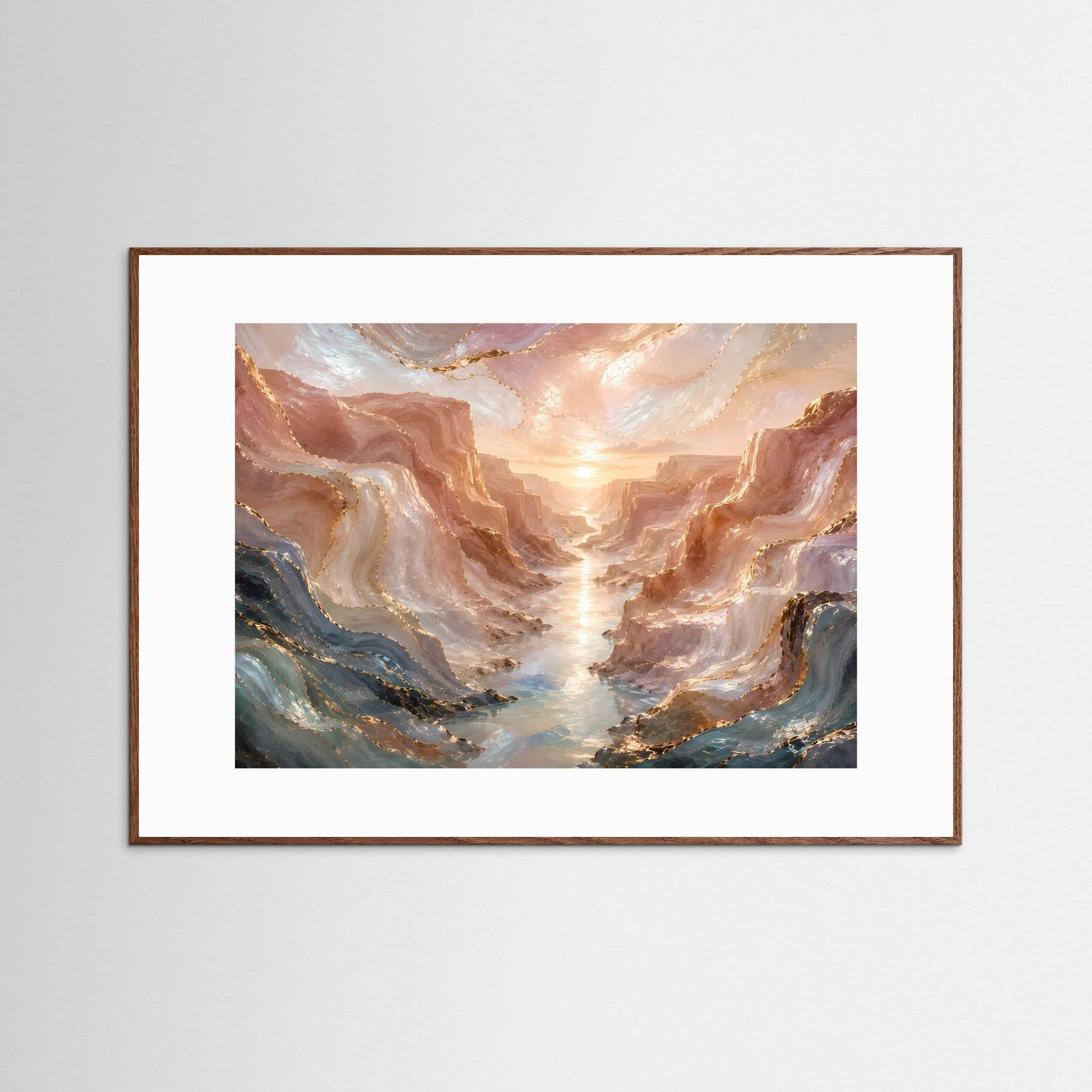 Querformat-Poster: abstrakte Canyonlandschaft mit Fluss in Roségold, dunkelbrauner Rahmen