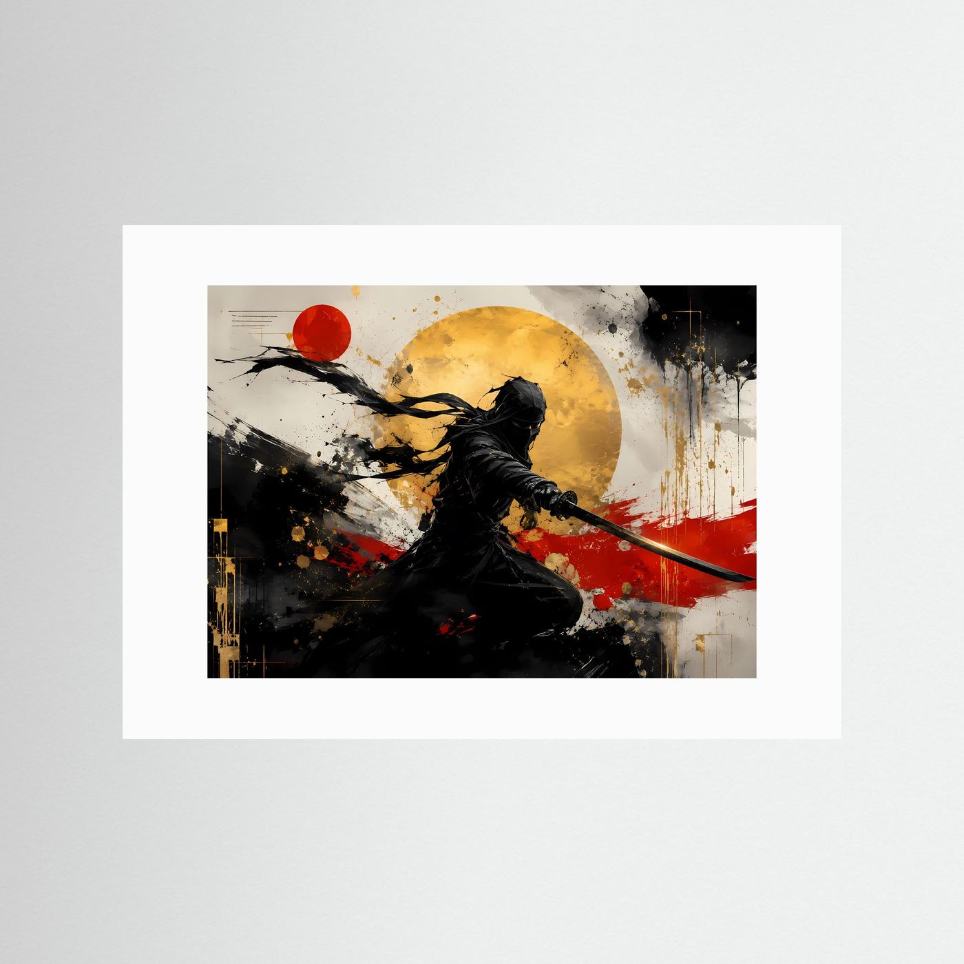 Schatten des Samurai | Japanisches Action & Ink Art Poster mit Gold- und Rot-Akzenten
