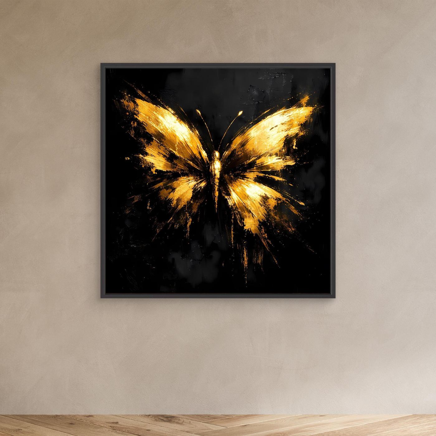 Leinwand Goldener Schmetterling auf Schwarz | Abstraktes Luxus Wandbild