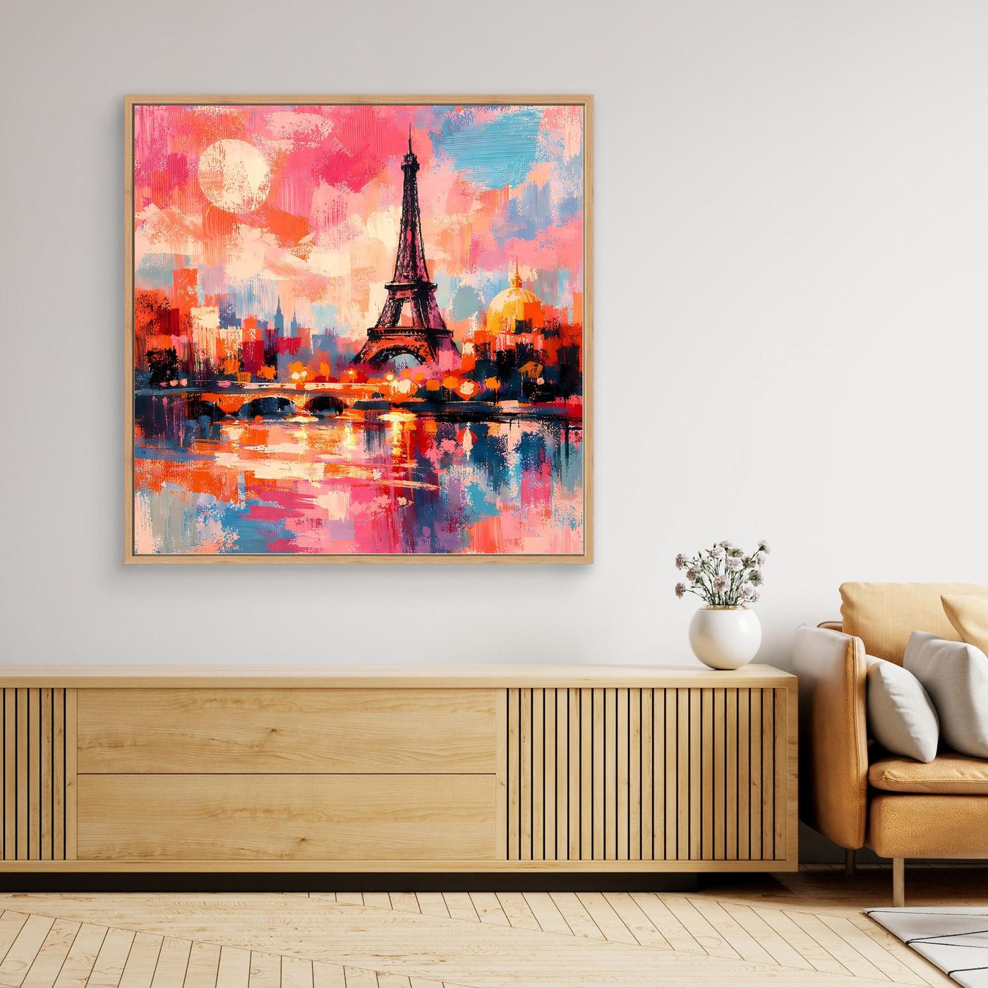 Gerahmtes Leinwand-Wandbild: Eiffelturm über abstraktem Stadt- und Wasserpanorama
