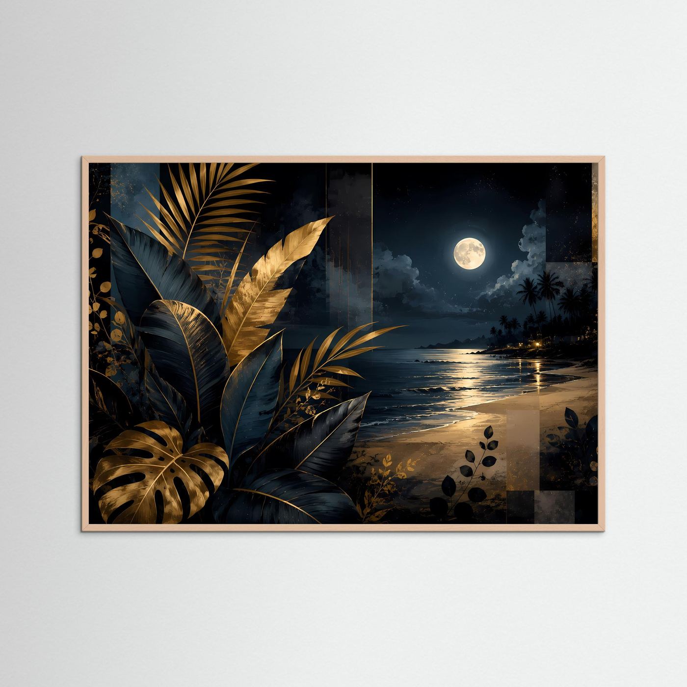 Querformat-Poster im Rosé-Holzrahmen mit tropischen Blättern, Strand und leuchtendem Vollmond.