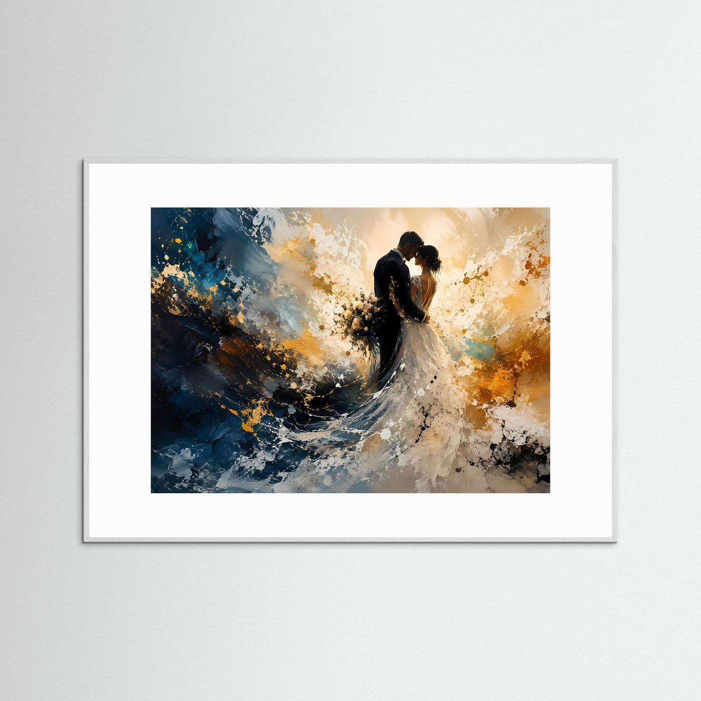 Abstraktes Hochzeits-Poster | Brautpaar in Gold, Blau & Weiß | Romantisches Wandbild im Querformat