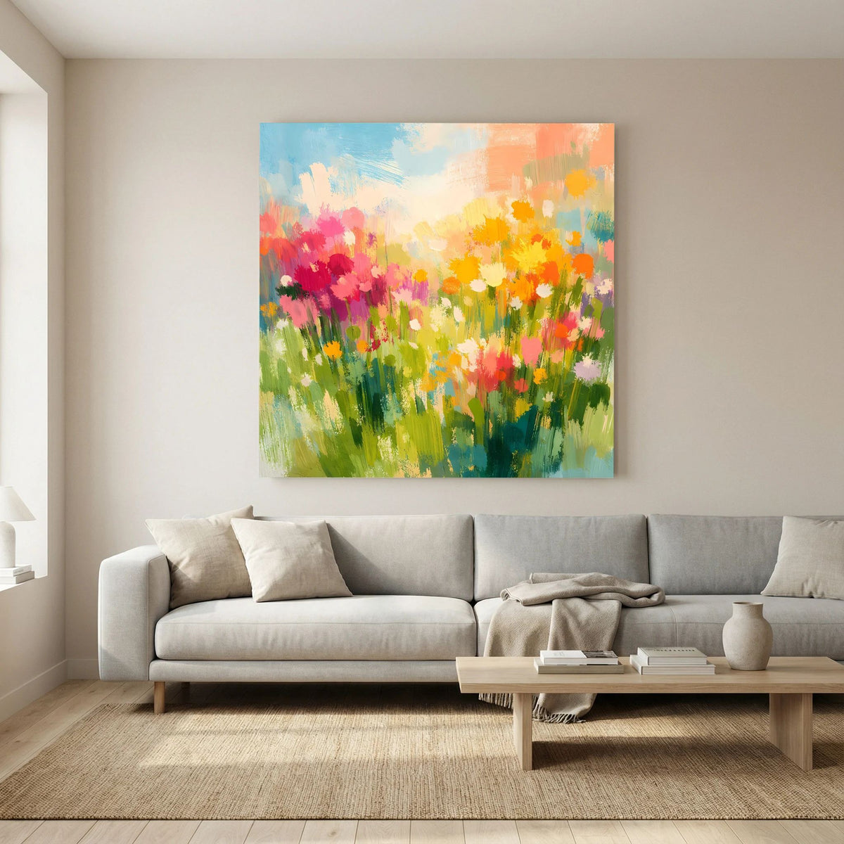 Leinwandbild mit abstrakten Wildblumen in Grün, Pink und Orange, ohne sichtbaren Rahmen