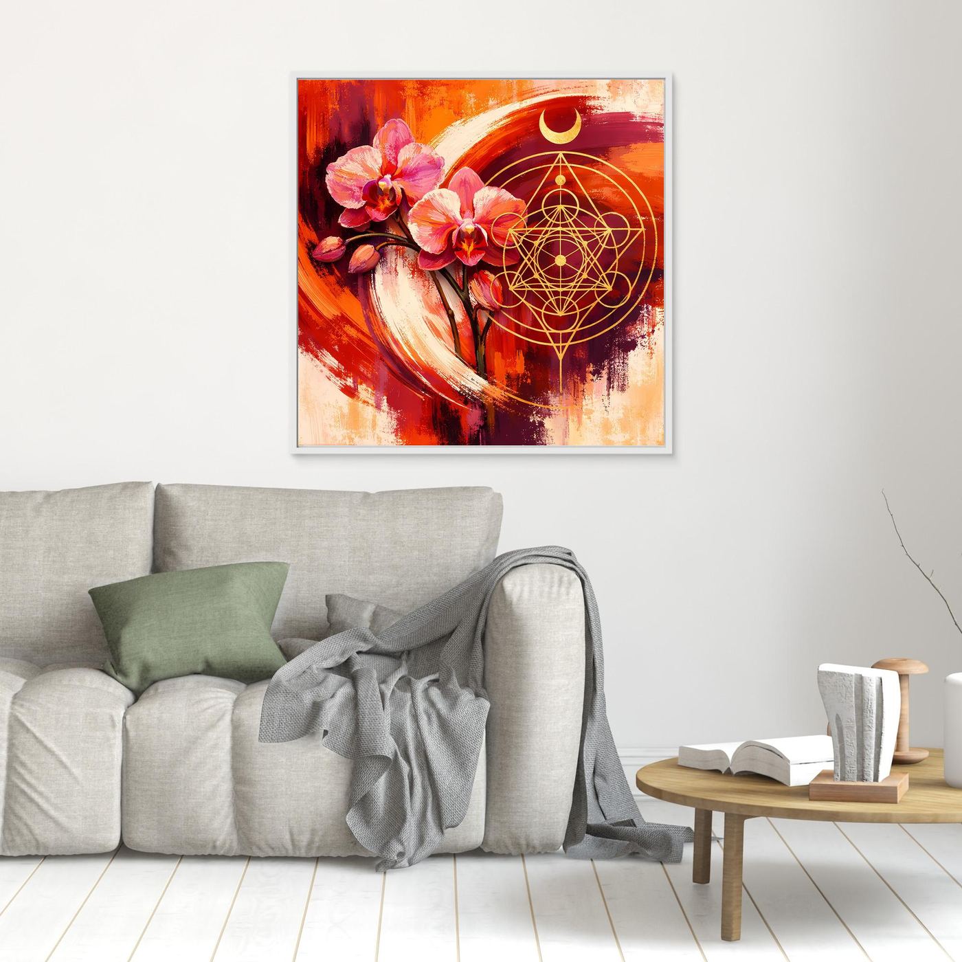 Kleines Wandbild mit pinken Orchideen und goldener Heiligen Geometrie, weiß gerahmt
