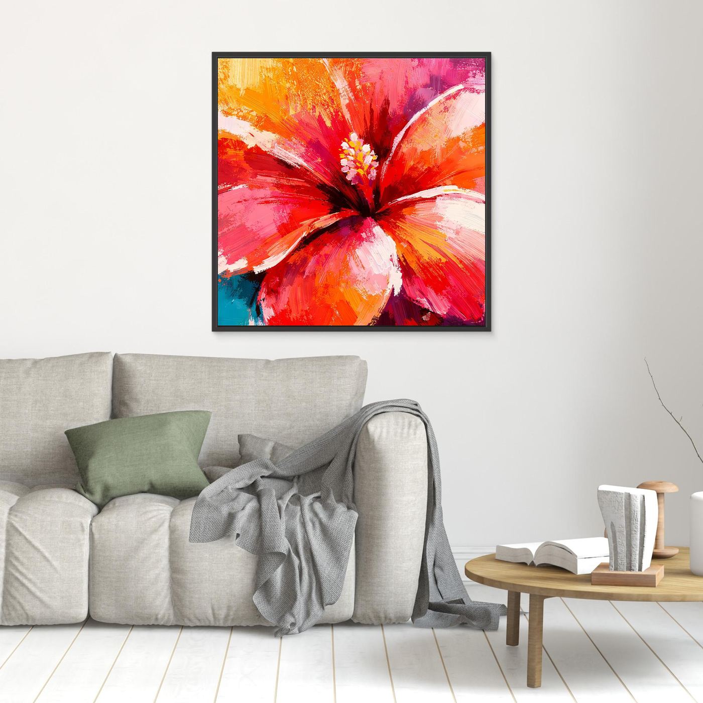 Leinwand Abstraktes Hibiskus Blütenbild | Modernes Tropen Wandbild Rot Pink
