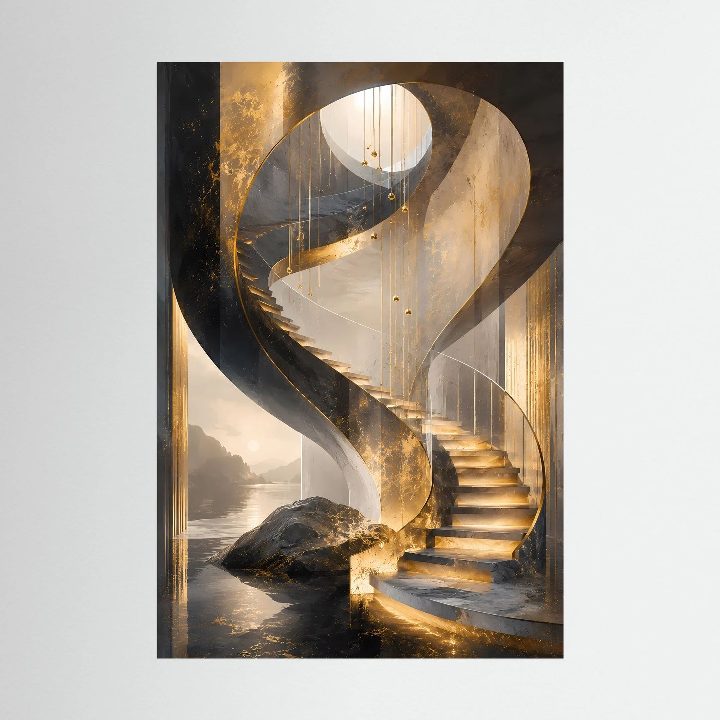 Hochformat-Poster mit goldener Wendeltreppe, Schwarz-Gold-Details und helle Cremeflächen