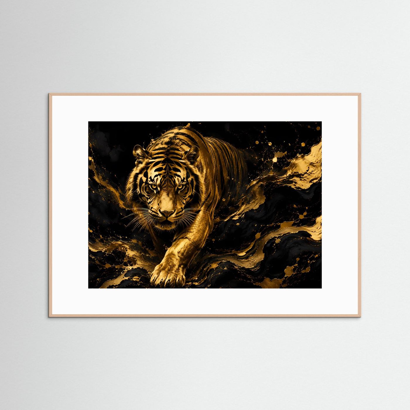 Poster im Querformat mit gold-schwarzem Tiger im weißen Rahmen