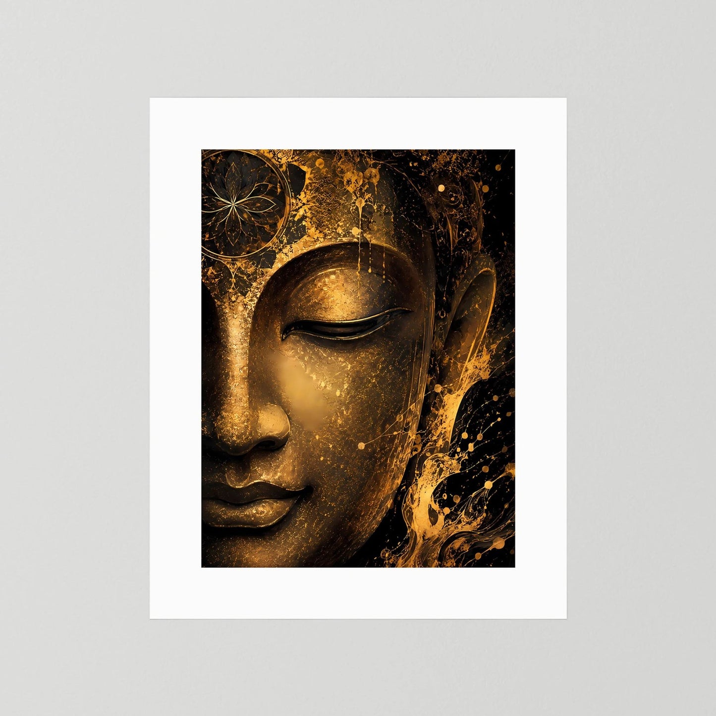 Abstraktes Buddha-Gesicht Poster, schwarz-goldener Look, Hochformat, mit weißem Rand