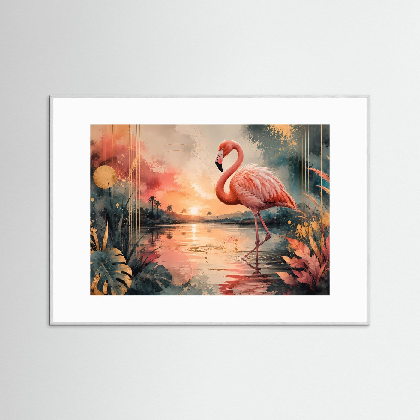 Gerahmtes Poster mit Flamingo in tropischer Sonnenuntergangslandschaft, weißer Rahmen