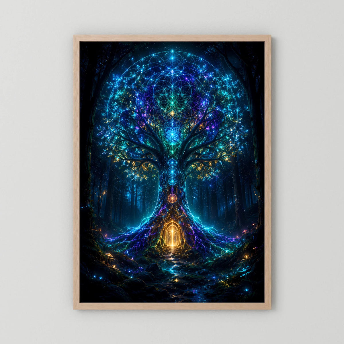 Hochformatiges Poster mit leuchtendem Baum-Motiv im hellen Holzrahmen
