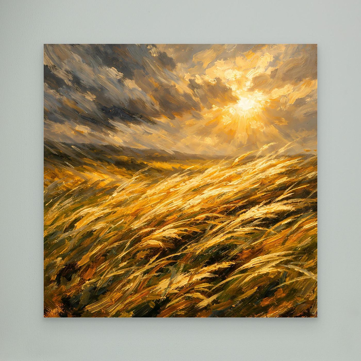 Leinwandbild goldenes Getreidefeld mit Sonnenlicht, ohne sichtbaren Rahmen
