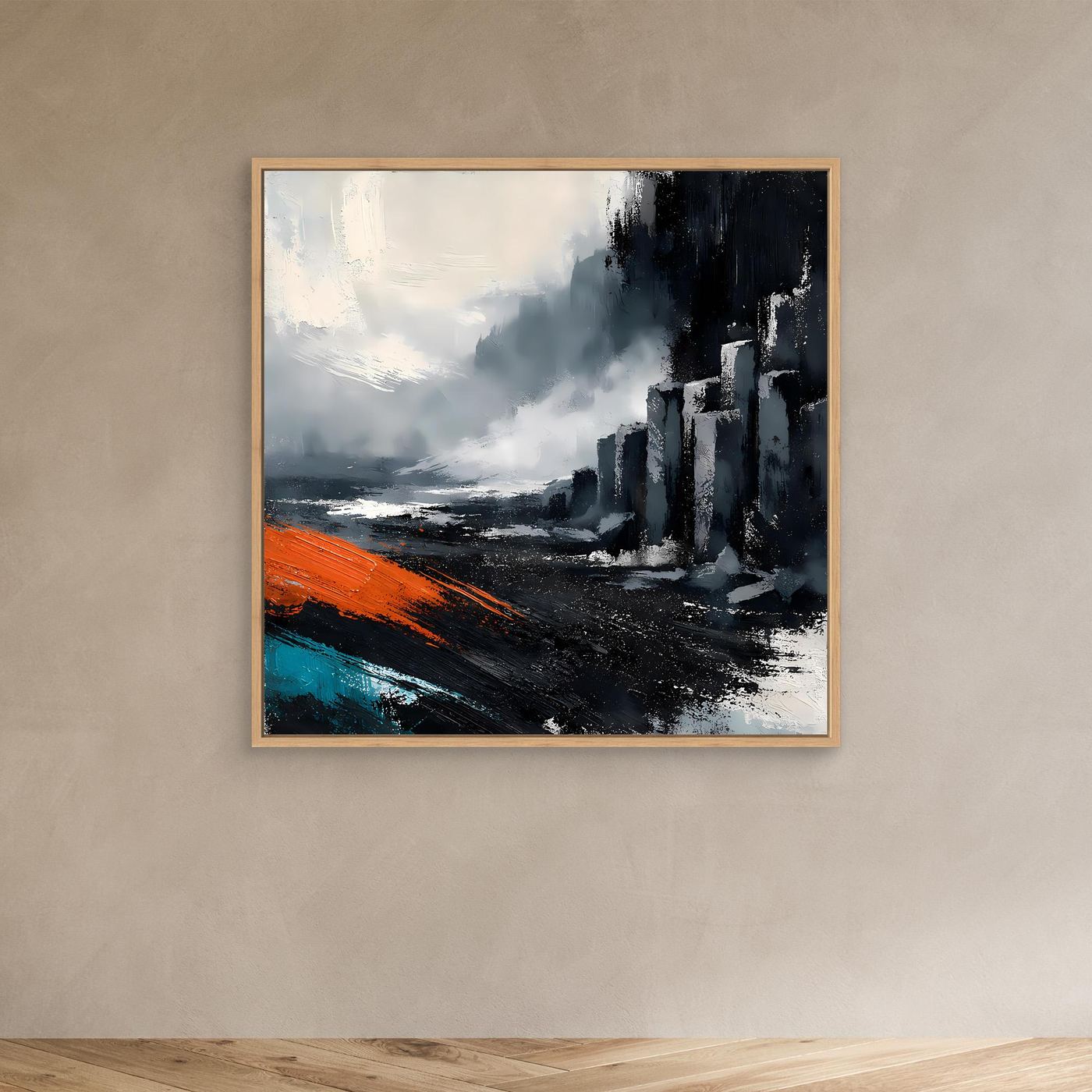 Leinwand Abstraktes Basaltsäulen Gemälde | Modernes Isländisches Vulkan Wandbild Schwarz Orange