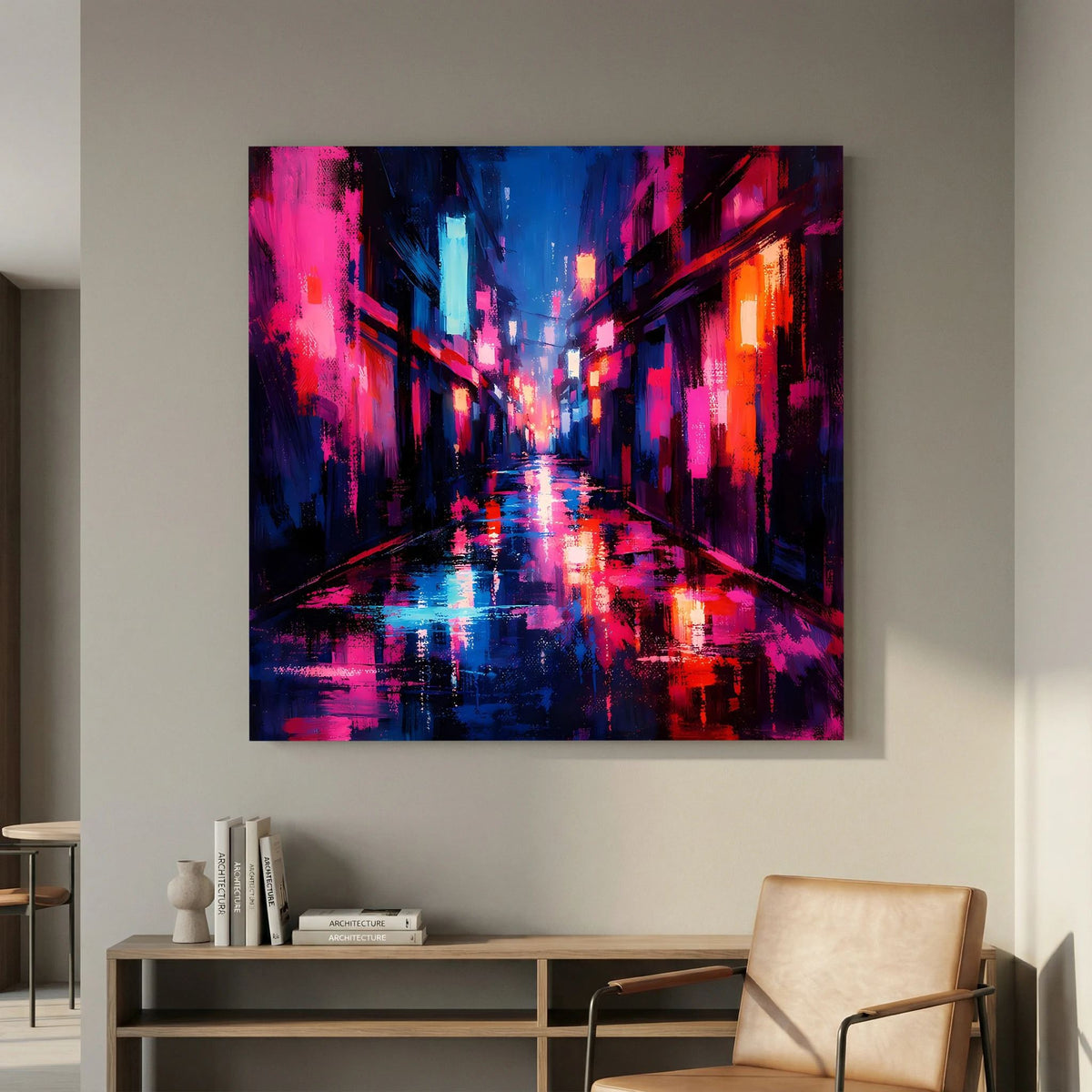 Neon-Wandbild Cyberpunk-Gasse im Regen, magenta-blau-orange, schwarzer Rahmen