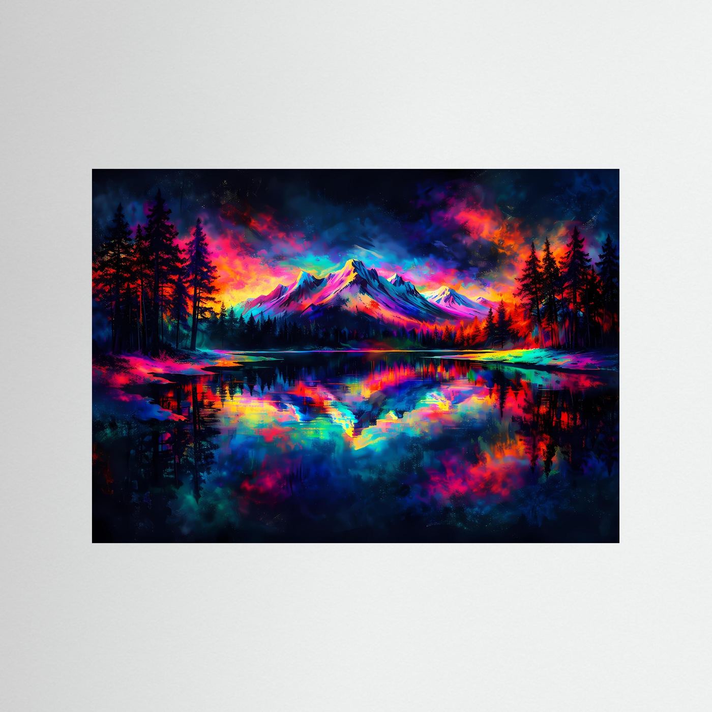 Naturposter im Querformat mit Berg, buntem Wald und Spiegelbild im See