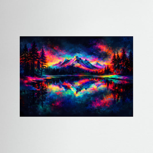 Bunte Berglandschaft am Spiegelsee | Pop-Art Natur Poster Querformat