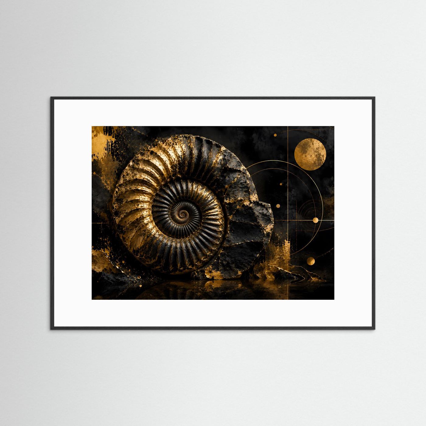 Querformat-Poster mit goldenem Ammonit auf dunklem Hintergrund, Kreislinien und goldenen Punkten, weiß gerahmt