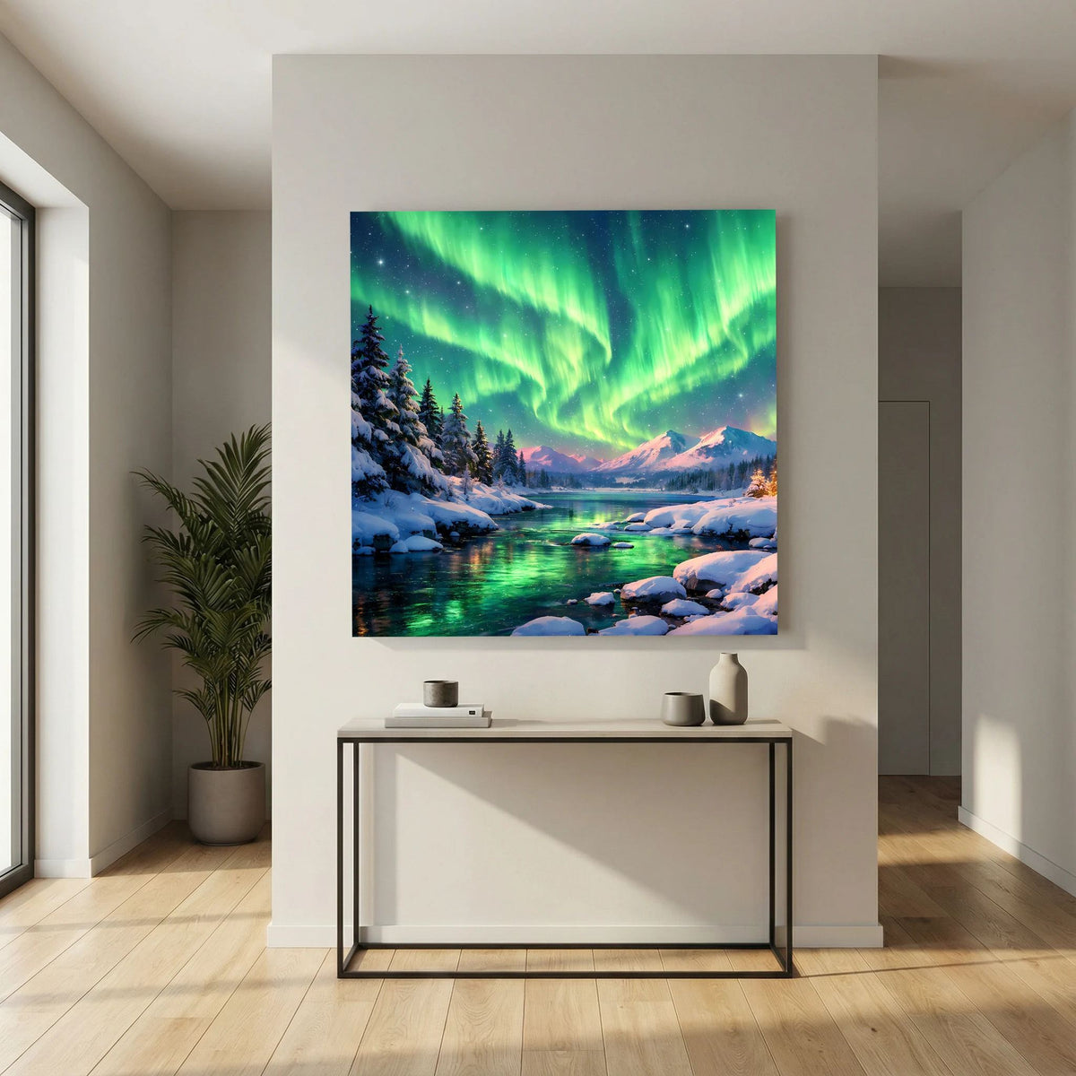 Leinwandbild auf Holzkeilrahmen mit Polarlichtern über verschneiter Flusslandschaft und Steinen