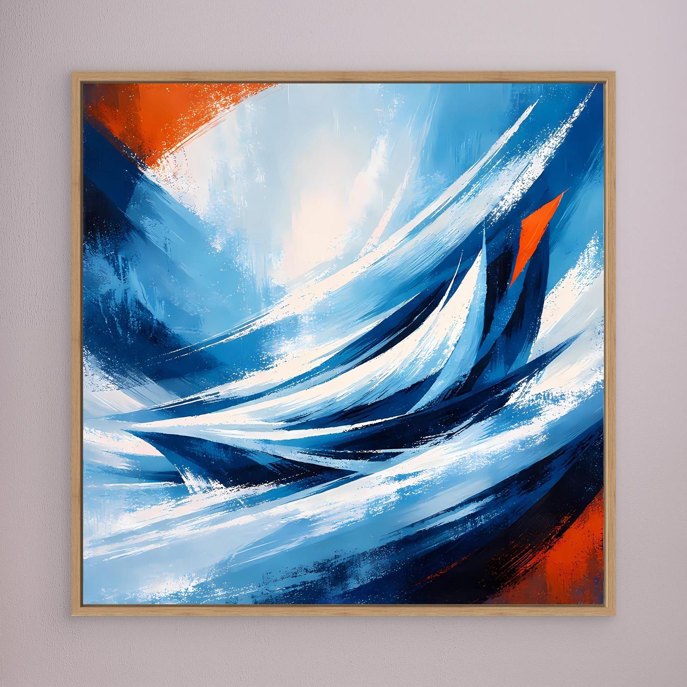 Abstraktes Leinwandbild mit Wellen in Blau und Orange, Holzrahmen.