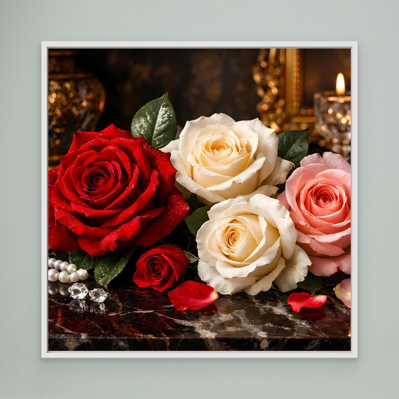 Gerahmtes Leinwandbild mit Rosenstillleben: rote, weiße und rosafarbene Rosen, weißer Rahmen.