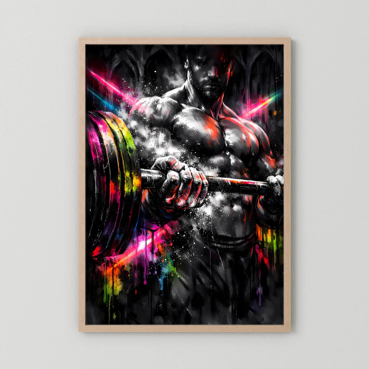 Kunstposter mit Neon-Bodybuilder an der Langhantel, im hellen Holzrahmen, bunt und schwarz-grau