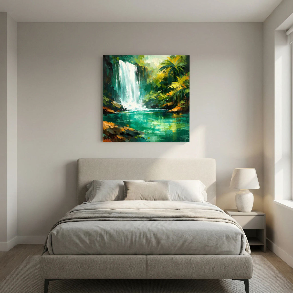 Leinwand-Wandbild mit abstraktem Dschungelmotiv: Wasserfall, Palmen und türkises Wasser
