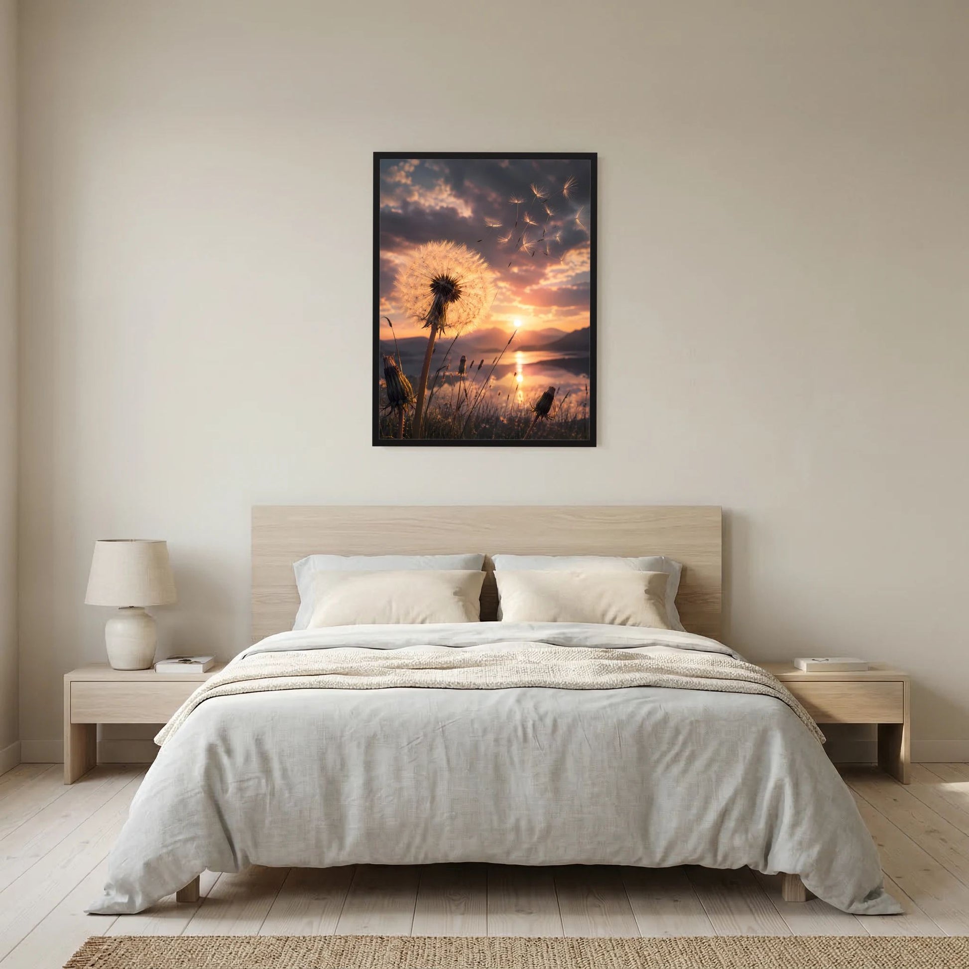 Hochformat-Poster mit Pusteblume im Sonnenuntergang, in schwarzem Rahmen an der Wand