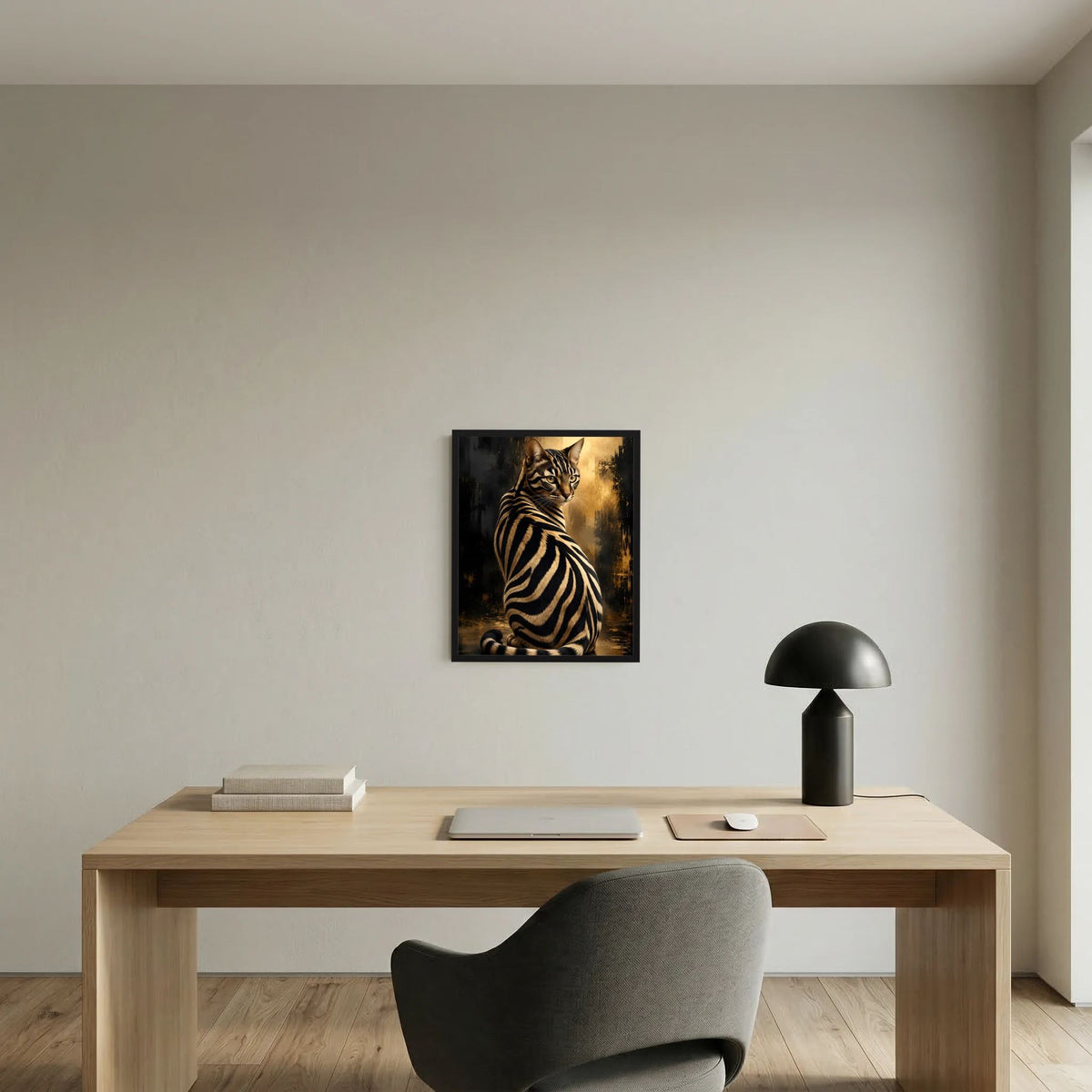 Zebra-Katze Poster in Schwarz-Gold über Holz-Worktable, minimalistischer Raum