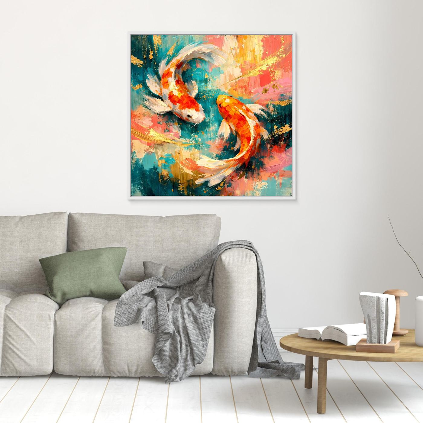 Leinwandbild mit abstrakten Koi-Fischen, hell gerahmt, buntes Gold-Design im Yin-Yang-Stil