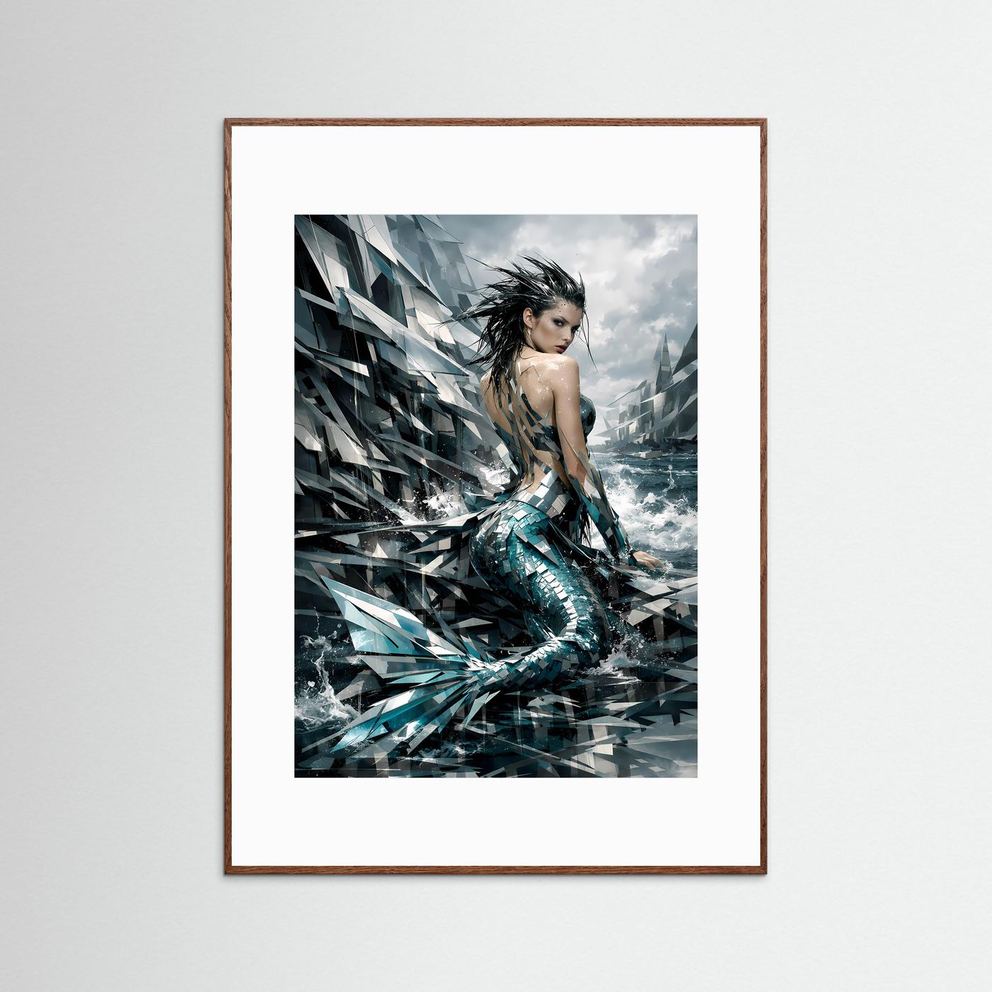 Meerjungfrau-Poster mit türkisfarbenen Schuppen und dunklem Meer, im braunen Holzrahmen